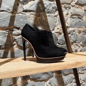 Saint Laurent Black Suede Gold Trim Janis Platform Ankle Booties